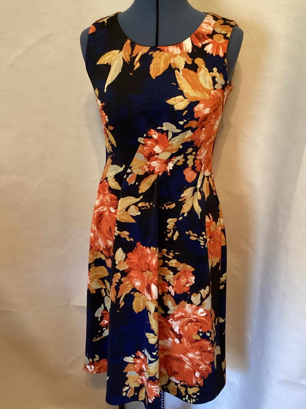 Enfocus Studio Black and Navy Floral Midi Dress with Orange Blooms
